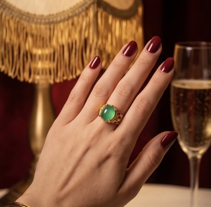 Magnificent 939 carat Natural Ruby Emerald Enemel 18K Gold over . 925 Sterling Silver handcrafted Statement Ring size 7 - Hand wearing gold ring with green stone, elegant setting in background.