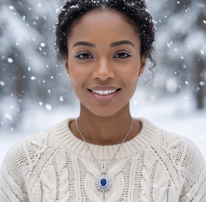 Vintage Beauty 5.7 carat Sapphire Rhodium over .925 Sterling Silver handcrafted pendant - Woman wearing Vintage Beauty sapphire necklace, snowy background.