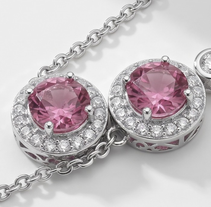 Serenade authentic 12.5 carat Brazilian Pink Topaz rhodium over .925 Sterling Silver handcrafted necklace - Close-up of Brazilian Pink Topaz necklace with diamond accents