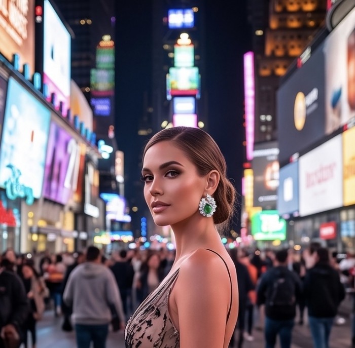 Luxurious - 7.2 carat Colombian Emerald .925 Sterling Silver dipped in rhodium handmade Statement Earrings - Woman wearing emerald earrings in busy cityscape at night.