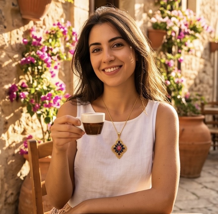 Vintage Style - Precious - Genuine 4.5 carat Ruby Sapphire 18K Gold over .925 Sterling Silver handmade Pendant - Necklace worn in outdoor setting, with a 4.5 carat ruby pendant.