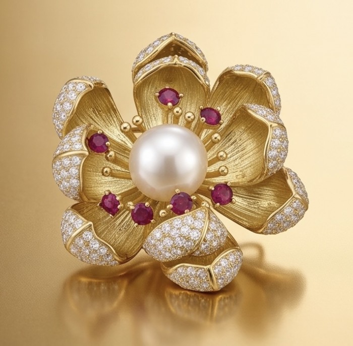 Black Label Collection - Retro Style - Rose Genuine Pearl 4.5 carat Garnet .925 Sterling Silver dipped in 18K Gold handmade Pendant - Brooch - Flower-shaped brooch with pearl and rubies, top view on gold background.