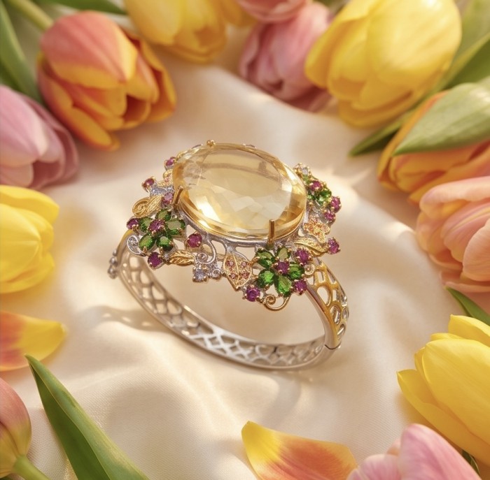 Marie Antoinette's Style - Authentic 28.9 carat Brazilian Citrine .925 Sterling Silver dipped in 18K Gold handcrafted Bracelet - Ornate ring with gemstone, surrounded by tulips, top view