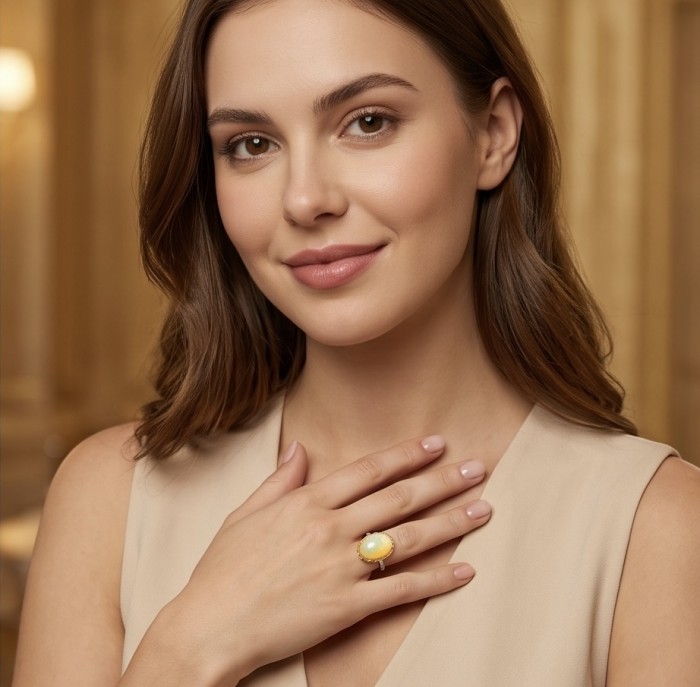 ENDLESS OCEAN 8.8 ctw Genuine White Ethiopian Opal 2 tones .925 Sterling Silver handmade Ring size 7 1/4 - Woman wearing ENDLESS OCEAN opal ring on hand, facing front.