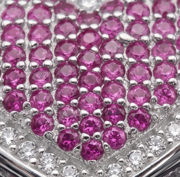 Angel's Heart Natural heart shape 1.7 carat Ruby .925 Sterling Silver dipped in rhodium handmade Statement Ring size 8 - Close-up of heart-shaped ruby and diamond sterling silver jewelry.