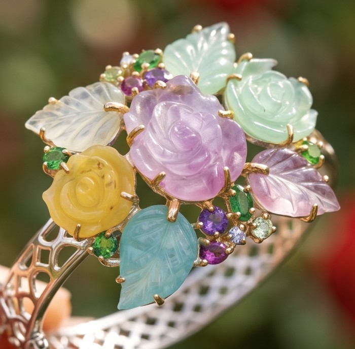 Blooming Garden - Authentic 4.9 carat Brazilian Citrine Amethyst .925 Sterling Silver dipped in rhodium handcrafted Bracelet - Close-up of floral gemstone bracelet with colorful stones and gold setting.