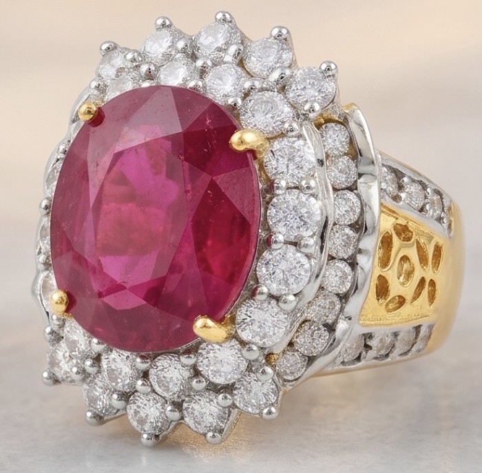 Scarlett 14.7 ctw Mozambique Ruby .925 Sterling Silver DIPPED IN 22k GOLD handcrafted Statement Solid Ring size 7 - Close-up of Scarlett 14.7 ctw Mozambique Ruby ring in sterling silver.