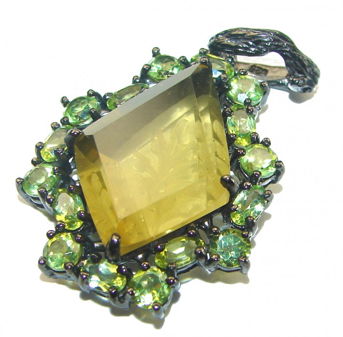 Carved Lemon Quartz black rhodium over .925 Sterling Silver handcrafted pendant - photo 3