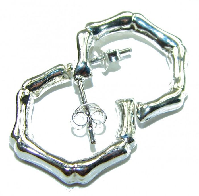 Bamboo Textured Hoop Italy made .925 Sterling Silver Earrings - photo 1