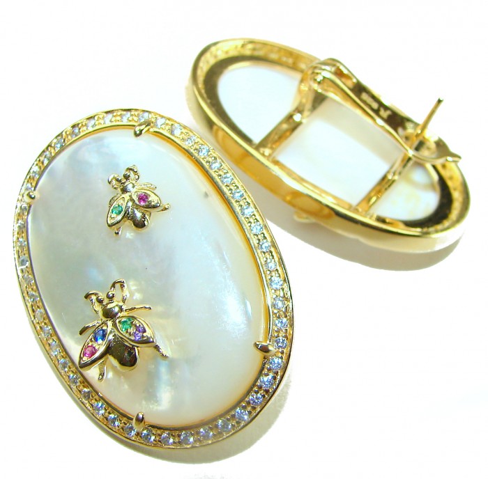 Genuine Blister Pearl lab grown Diamond 18K Gold over .925 Sterling Silver handcrafted Large Statement Earrings - photo 1