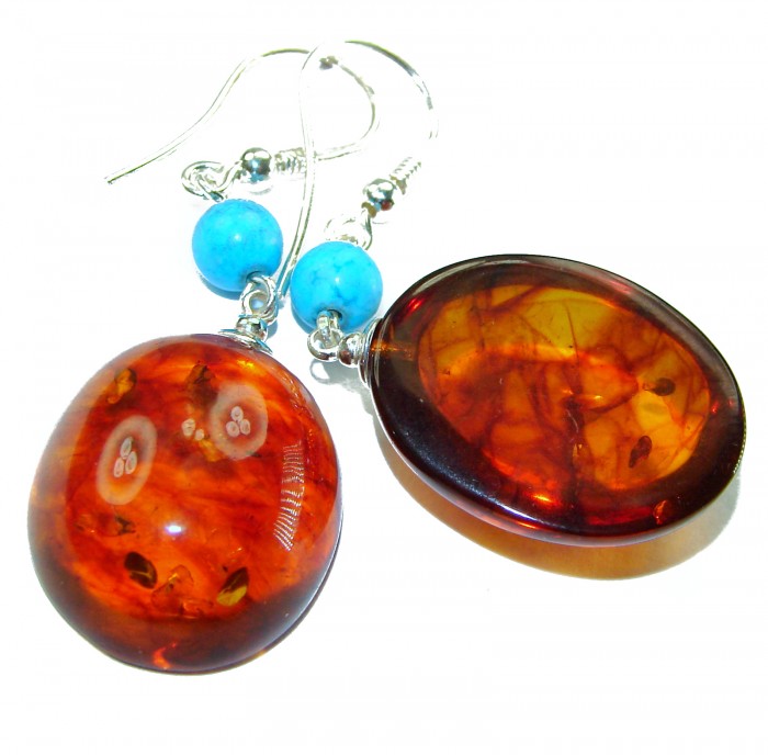Baltic Polish Amber Turquoise .925 Sterling Silver Earrings - Close-up of Baltic amber and turquoise sterling silver earrings.