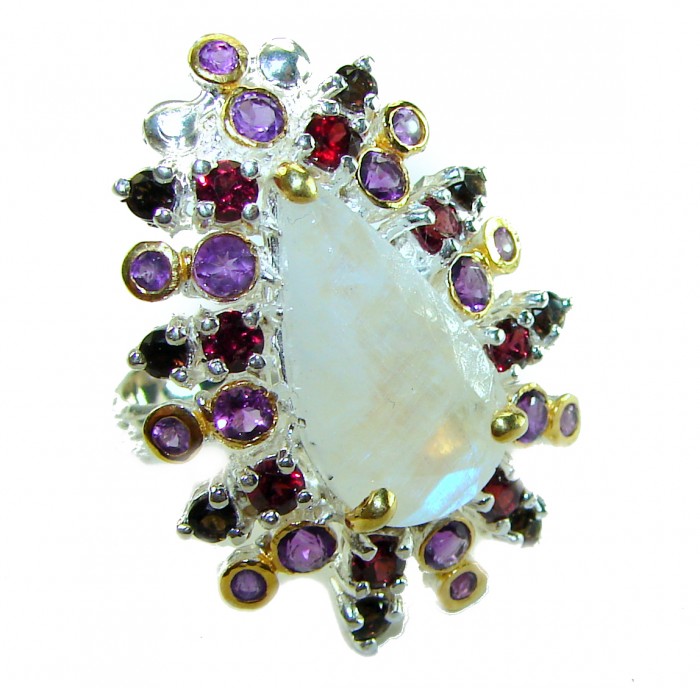 Moonlight Authentic 14.2 carat Fire Moonstone 18k Gold over .925 Sterling Silver handmade Satement ring s. 8 - Close-up of 14.2 ct Fire Moonstone ring with purple and red accents