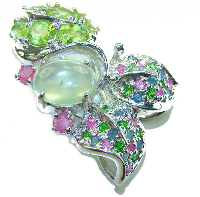 Wise Bliss Authentic 8.6 carat Prehnite Emerald Sapphire Ruby .925 Sterling Silver handmade Pendant - Gemstone cluster ring with Prehnite, emerald, sapphire close-up.