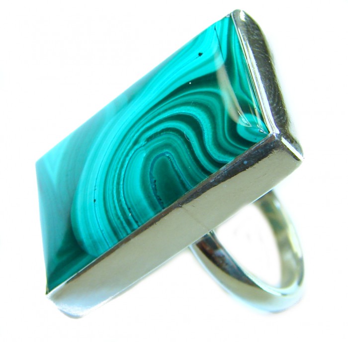 genuine inlay Malachite .925 Sterling Silver handcrafted ring size 7 adjustable - Close-up of genuine malachite inlay on .925 sterling silver ring.