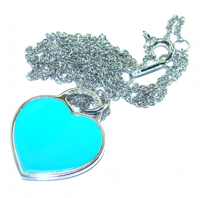 Angel's Heart inlay Turquoise .925 Sterling Silver handcrafted necklace - Heart necklace with turquoise stone and chain, close-up view.