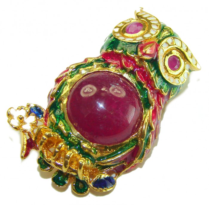 Wisdom and Unseen World - Owl- Genuine 10.5 carat Ruby enamel .925 Sterling Silver handmade Pendant - Brooch - Owl jewelry with 10.5 carat ruby, top view.