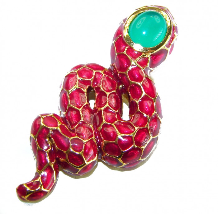 INCREDIBLE Red Snake Natural Ruby Enamel Snake 14K Gold over .925 Sterling Silver Pendant - Red snake brooch with green stone, top view, 14K gold detailing.