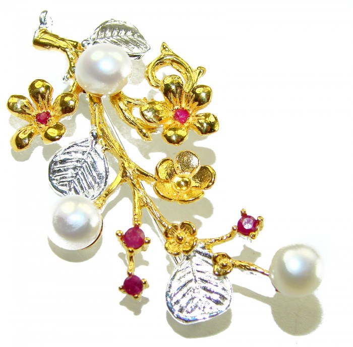 Floral Design Genuine Pearl Ruby 14K Gold .925 Sterling Silver handmade Pendant Brooch - Floral pearl and ruby brooch, front view, 14K gold and sterling silver.