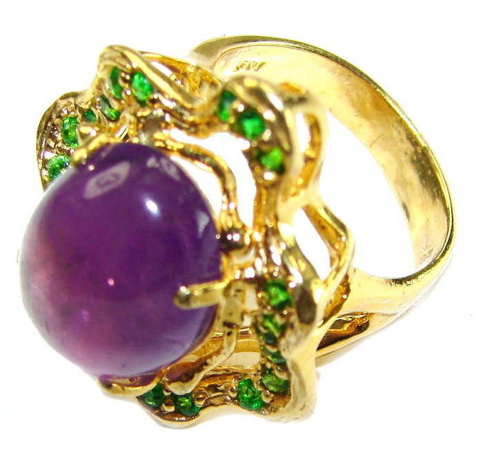 Purple Royalty 25.5 carat Amethyst .925 Sterling Silver dipped in 18K Gold over Handcrafted Ring size 8 - Amethyst ring side view, gold-toned with green accents, 25.5 carat stone.