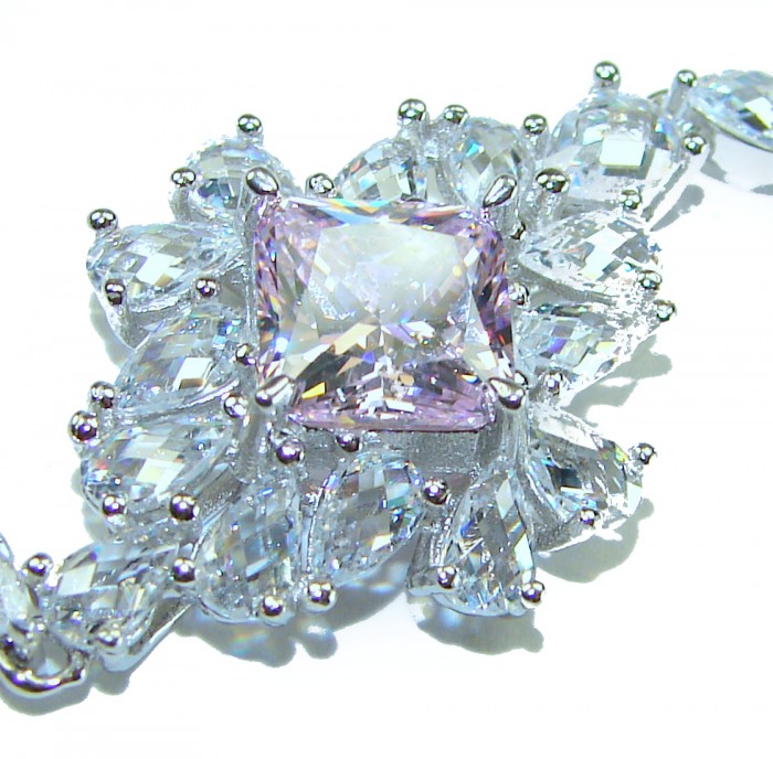 Isabella - Light Pastel 15.9 carat Kunzite .925 Sterling Silver handmade Bracelet - Close-up of Isabella light pastel kunzite and crystal detail.