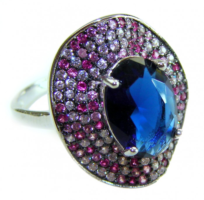 Authentic 10.5 carat Kyanite .925 Sterling Silver handcrafted Ring size 7 - Close-up of Kyanite sterling silver ring with pink and purple accents.