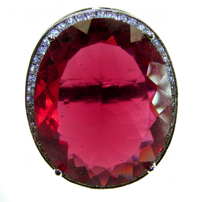 Bella Rosa Genuine 29.8 CARAT Red TOPAZ .925 Sterling Silver Large Statement Ring size 6 1/4 - Close-up of Bella Rosa 29.8 carat red topaz in sterling silver setting.