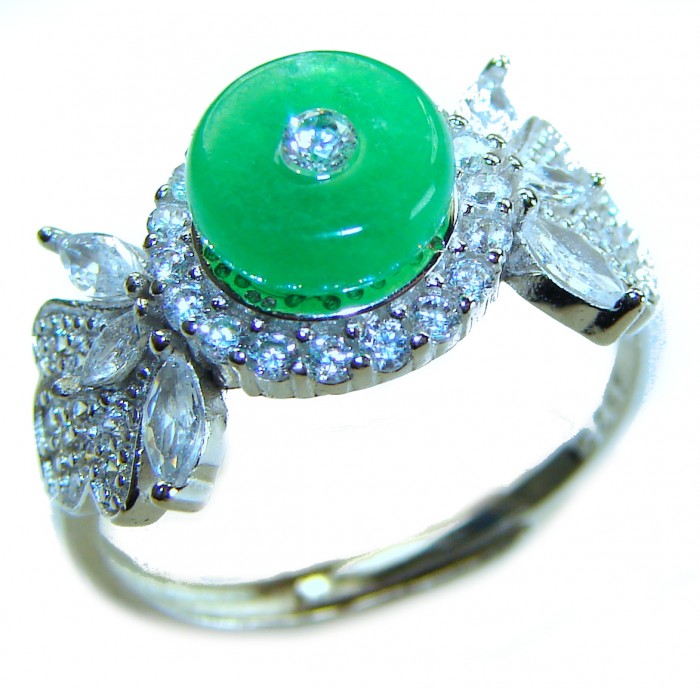 Good Fortune - Vintage Style 4.9 carat Jade .925 Sterling Silver handmade Cocktail Ring s. 8 adjustable - Close-up of jade ring with diamond accents, sterling silver setting