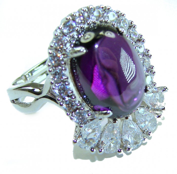 Elizabeth - Precious Natural 14.5 carat Amethyst from Uruguay Rhodium over .925 Sterling Silver Handcrafted Ring size 8 adjustable - Close-up of Elizabeth 14.5 carat Uruguayan Amethyst ring.