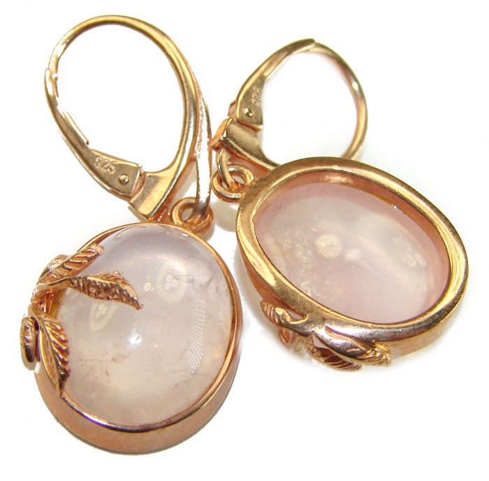 Authentic 10.2 carat Rose Quartz 14K Gold over .925 Silver handcrafted Statement earrings - Rose quartz earrings, close-up of stones and clasp detail.