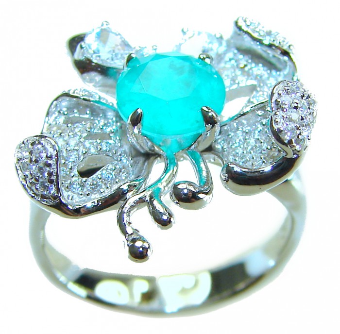 Exotic Flower 4.8 carat natural Colombian Emerald .925 Sterling Silver handmade Statement Ring size 7 1/2 - Exotic Flower ring with Colombian Emerald, close-up of stones and design.