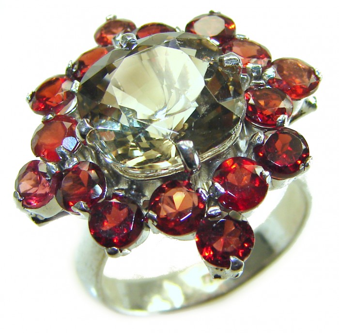 Serenity 10.5 carat Champagne Smoky Topaz .925 Sterling Silver HUGE Ring size 7 - Close-up of Serenity ring with champagne topaz and red gems, sterling silver.