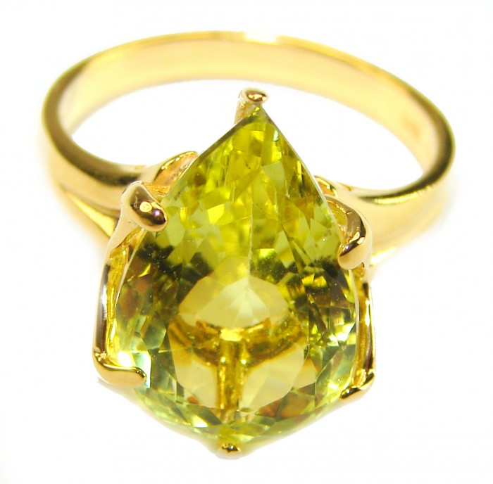 Solid 11.8 carat Genuine Lemon Quartz .925 Sterling Silver DIPPED IN REAL 18K GOLD handcrafted ring size 8 - Lemon quartz ring close-up, pear-shaped stone in gold setting.