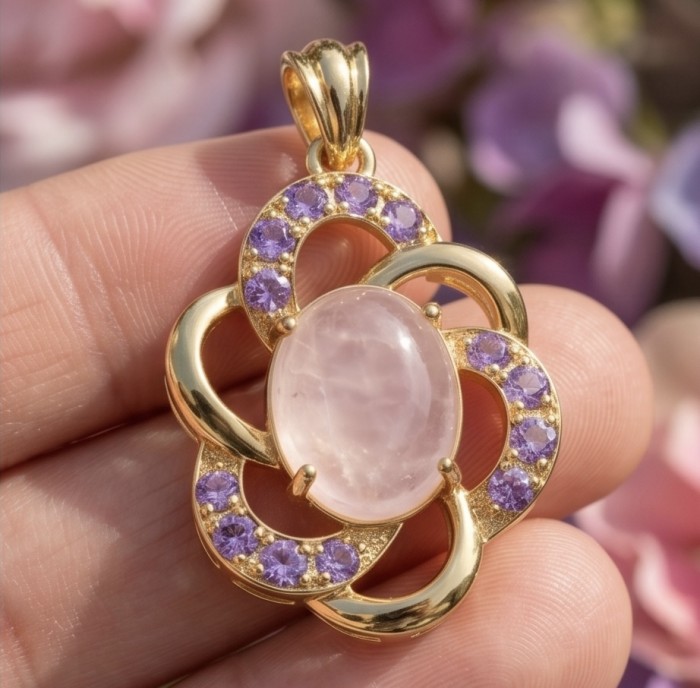 Scarlett 5.8 carat Rose Quartz Amethyst 22K Gold over .925 Sterling Silver handcrafted Statement Pendant - Close-up of Scarlett Rose Quartz Amethyst pendant in hand