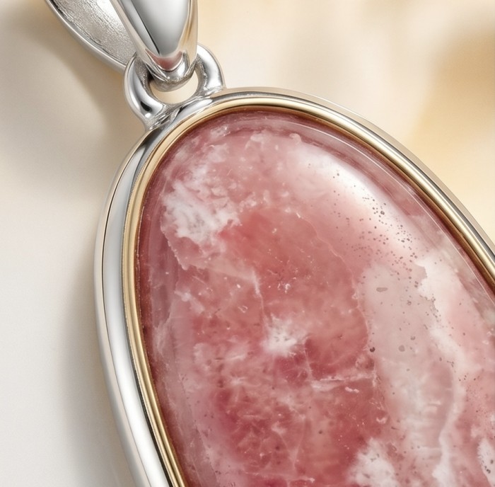 Genuine Argentinian Rhodochrosite .925 Sterling Silver handmade Pendant - Close-up of Argentinian Rhodochrosite in sterling silver setting
