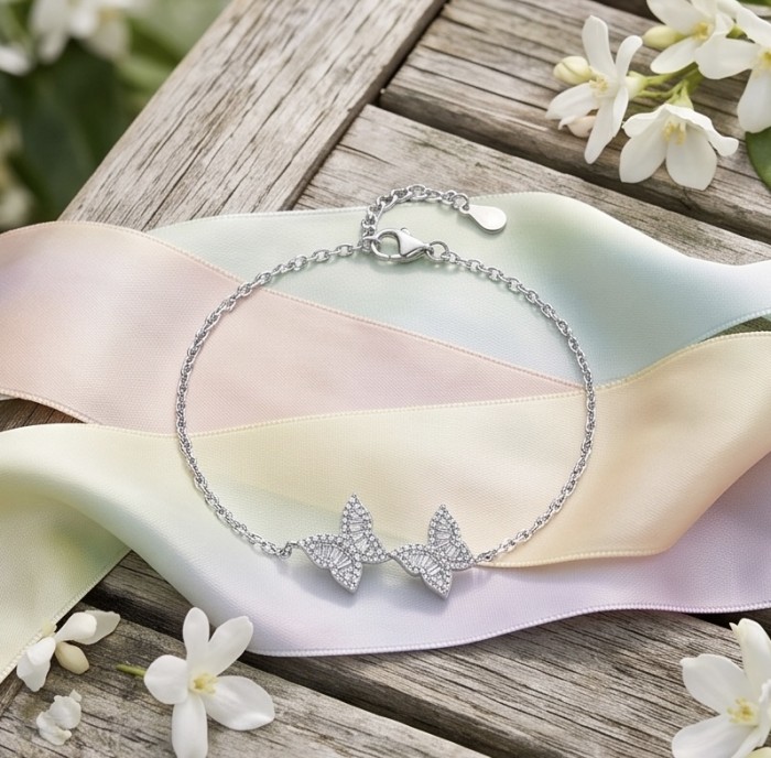 Two white Butterflies natural 7.5 carat White Topaz .925 Sterling Silver handmade Statement Bracelet - Butterfly bracelet on pastel ribbons with top view display