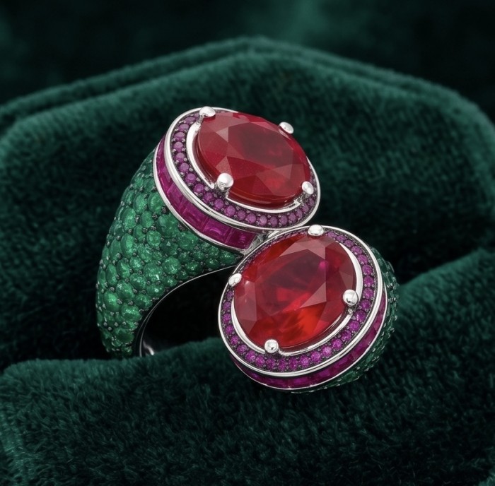 Giovanna Natural 8.6 carat Ruby pave Emerald .925 Sterling Silver dipped rhodium handmade Statement Ring size 6 1/4 - Close-up of Giovanna Ruby ring with emerald pavé detail