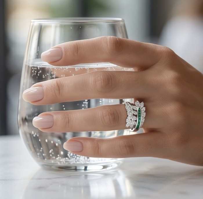 Art Deco 3.2 carat Colombian Emerald .925 Sterling Silver dipped in Rhodium handcrafted Ring size 7 1/2 - Emerald and diamond ring worn on hand, holding a glass of water