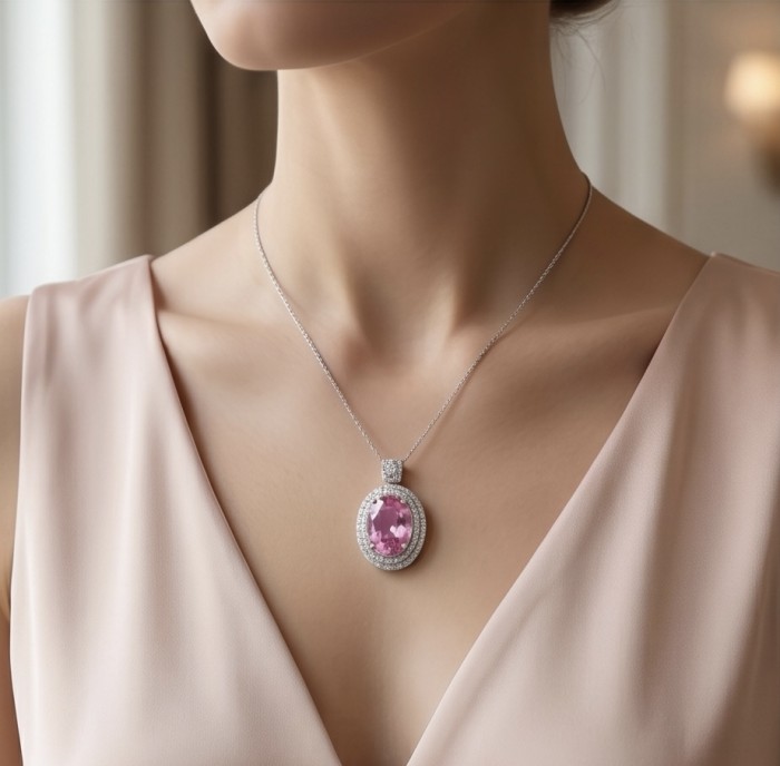 Incredible oval cut 18.8 carat Pink Sapphire .925 Sterling Silver handcrafted pendant - Pink Sapphire necklace worn on neck, front view close-up.
