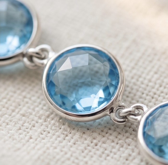 Authentic 10.5 carat Swiss Blue Topaz .925 Sterling Silver handmade Bracelet - Close-up of 10.5 carat Swiss Blue Topaz in .925 Sterling Silver setting