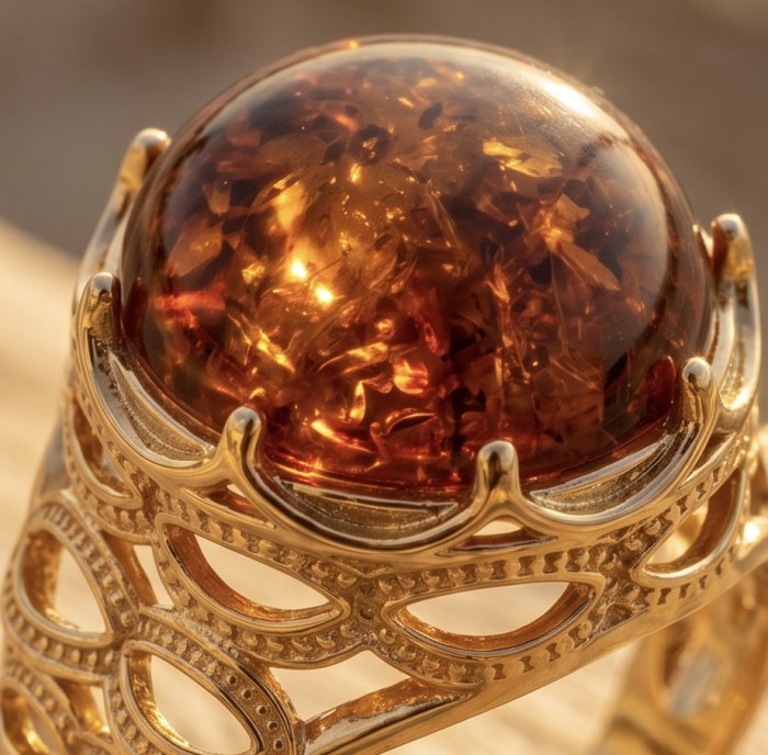 Queen of Fire best quality 6.4 carat BALTIC AMBER18K Gold over .925 Sterling Silver handmade ring 8 - Close-up of Queen of Fire gold ring with Baltic amber stone.