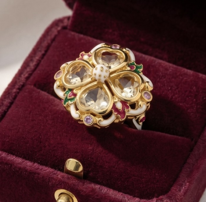 Yellow Clover 10.2 carat Brazilian Citrine Enamel .925 Sterling Silver dipped in real 22K Gold handcrafted HUGE ring; s. 7 - Citrine enamel ring close-up in velvet jewelry box