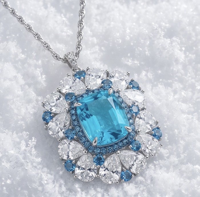 Mademoiselle - 21.5 carat natural Swiss Blue Topaz .925 Sterling Silver dipped in Rhodium handcrafted Necklace - Pendant close-up on snow, Swiss Blue Topaz and diamond accents.