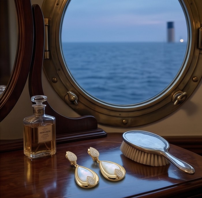 Top quality Sublime Blister Pearl 22K Gold over .925 Sterling Silver handcrafted Earrings - Elegant gold pearl earrings on vanity near ship porthole window.