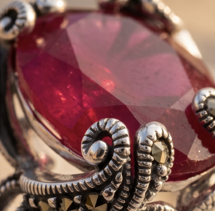 Born to Glam authentic 11.2 carat Ruby rhodium over .925 Silver handcrafted Ring s. 7 - Close-up of Born to Glam 11.2 carat Ruby ring with rhodium detailing.