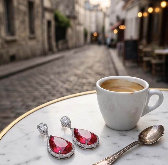 Magnificent Jewel 10.5 carat Ruby .925 Sterling Silver handcrafted incredible earrings - Cup of coffee beside ruby earrings on a marble table in a street café.