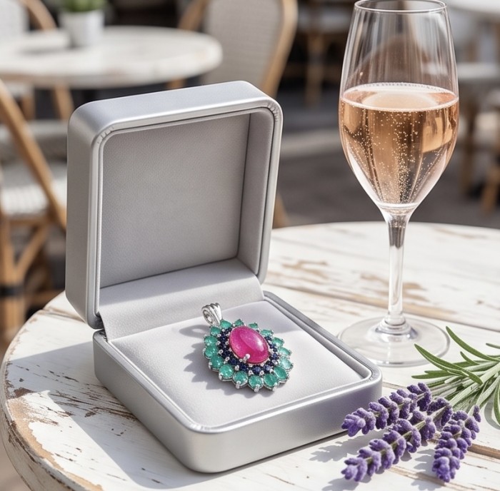 Rose Garden - authentic 25.5 carat Ruby Emerald rhodium over .925 Sterling Silver handcrafted Pendant - Pendant in gift box with wine glass and lavender on table.