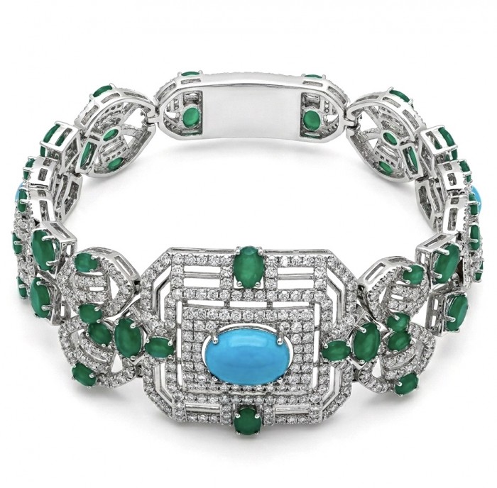 Art Deco - Pacifica - 98.4 carat Turquoise Emerald .925 Sterling Silver handmade Statement Bracelet - Art Deco turquoise emerald bracelet front view, 98.4 ct, .925 silver.