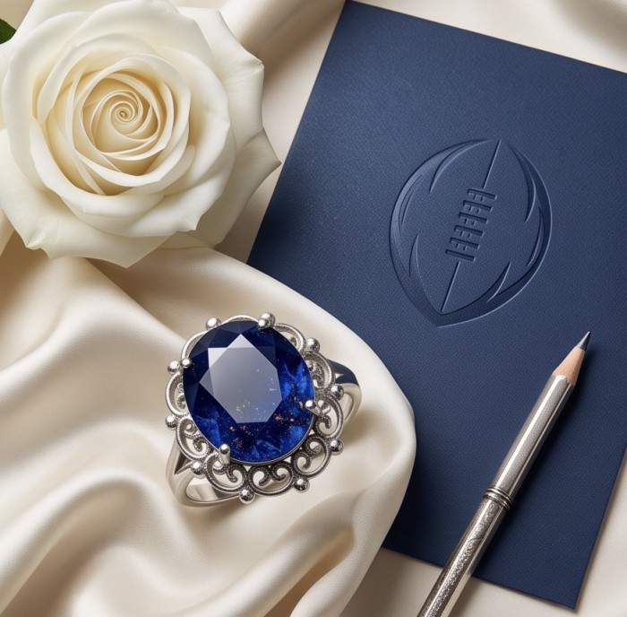 Blue Angel Genuine 20.5 carat Sapphire from Madagascar .925 Sterling Silver dipped in rhodium handcrafted Ring size 6 - Blue sapphire ring close-up on fabric with rose and pencil nearby.