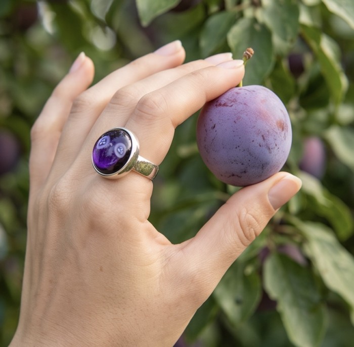 Top quality 23.5 carat Amethyst .925 Sterling Silver dipped in rhodium Handcrafted Large Ring size 7 - Amethyst ring on hand holding a plum, stone close-up.