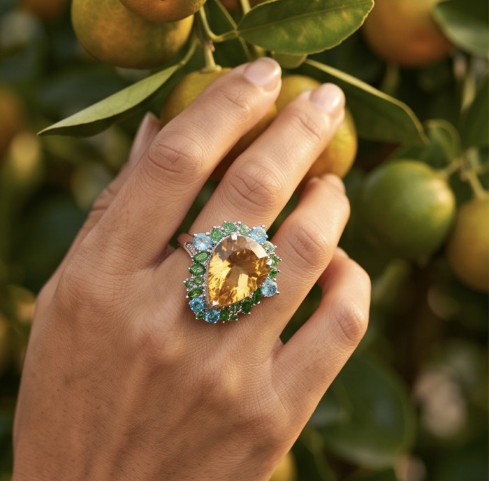 Emily 24.2 carat Brazilian Citrine EMERALD .925 Sterling Silver dipped in rhodium handcrafted ring; s. 8 1/4 - Ring with Brazilian Citrine worn on hand near citrus tree
